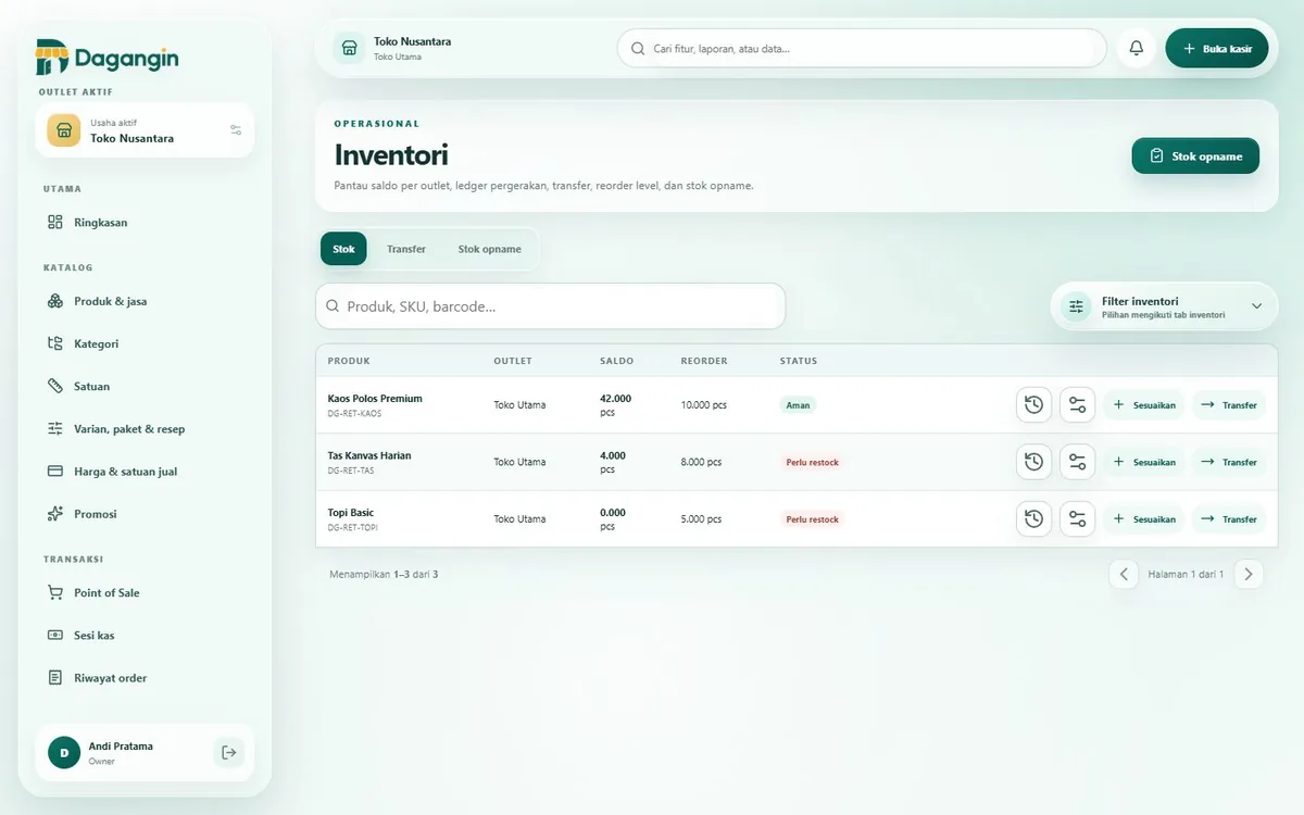Dagangin POS — Inventori per outlet