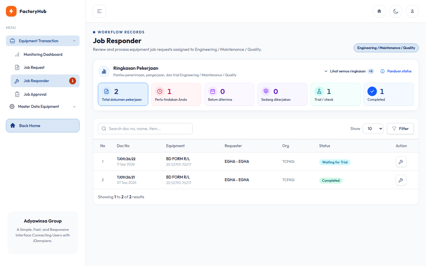 FactoryHub × ShopFloor RJO — Antrean kerja per departemen